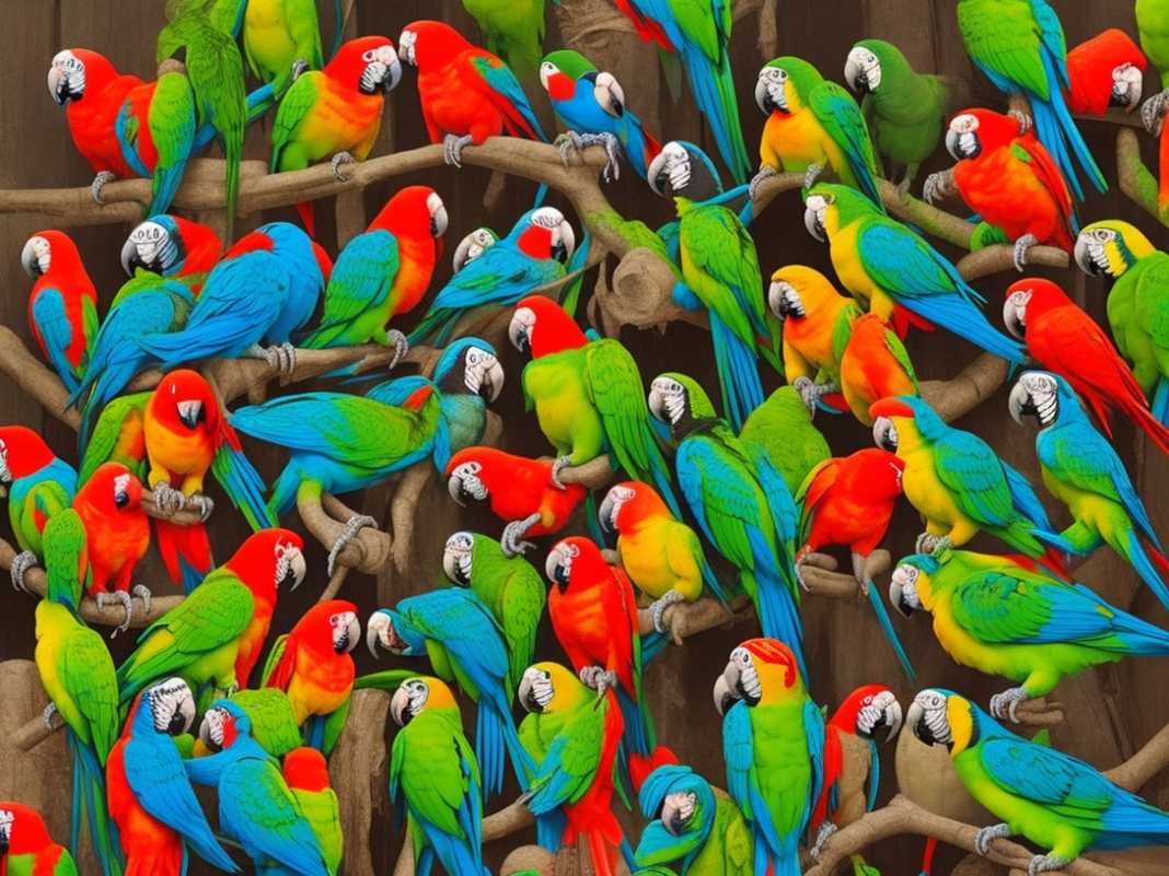 Lots of parrots sitting on the branches